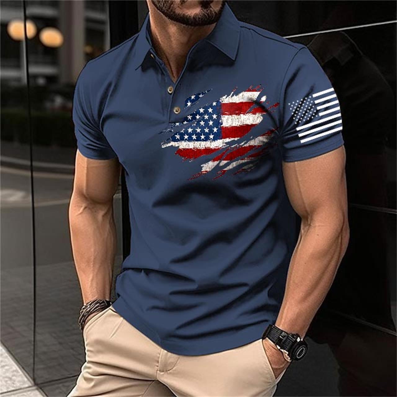 Men's T-Shirt Polo Vintage American Flag Independence Day Short Sleeve Outdoor Summer Daily Top Navy Blue Black Khaki-Unitsen