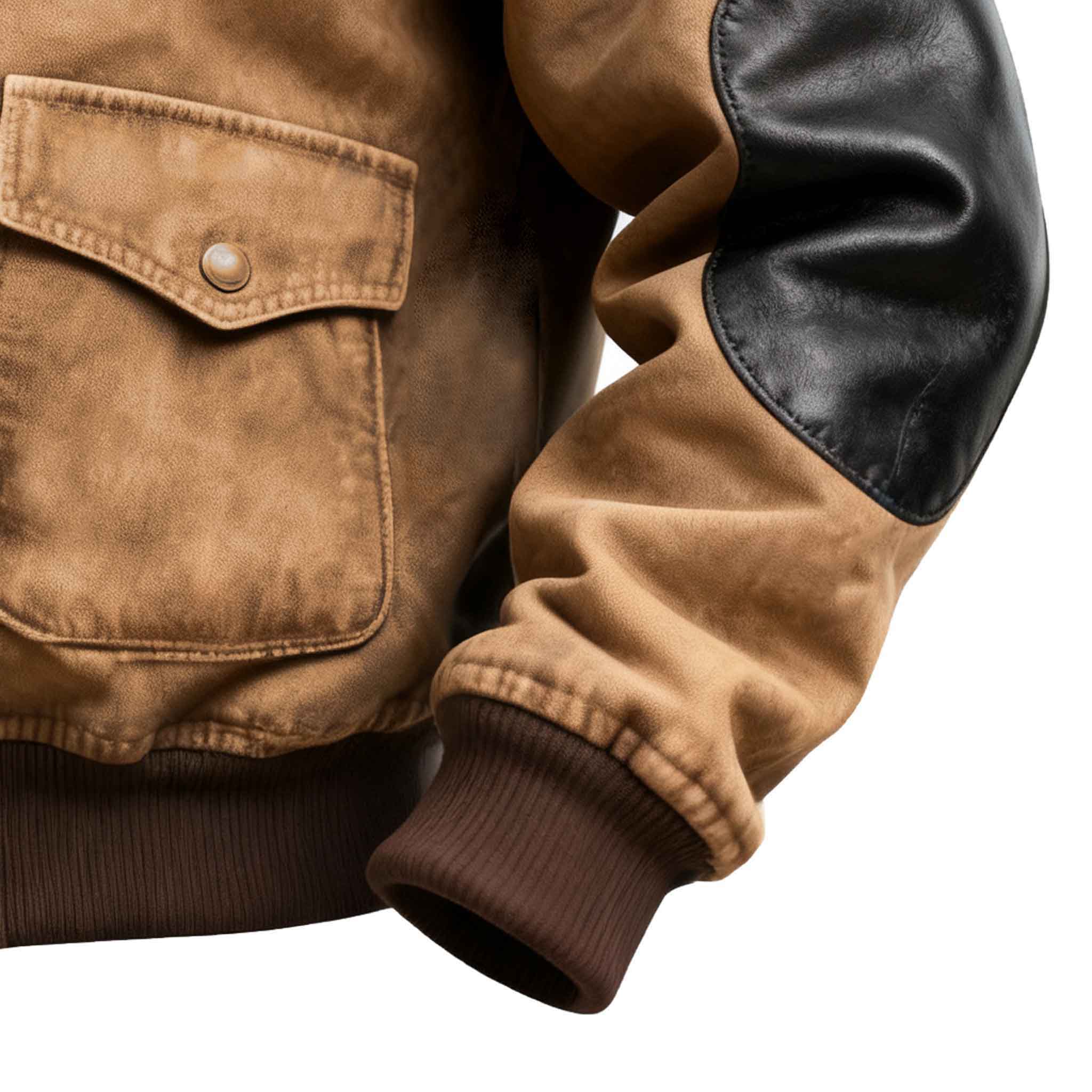 Men's Vintage Khaki Leather Elbow Patches Hooded Jacket-Unitsen