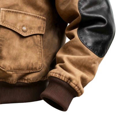 Men's Vintage Khaki Leather Elbow Patches Hooded Jacket-Unitsen