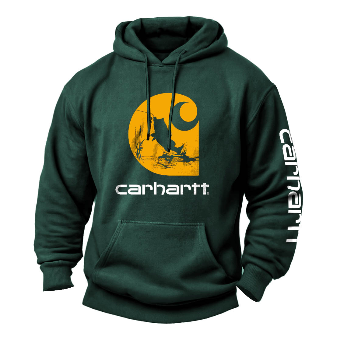 Men's Vintage Fishing Print Pocket Long Sleeve Hoodie-Unitsen