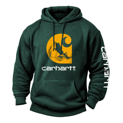 Men's Vintage Fishing Print Pocket Long Sleeve Hoodie-Unitsen