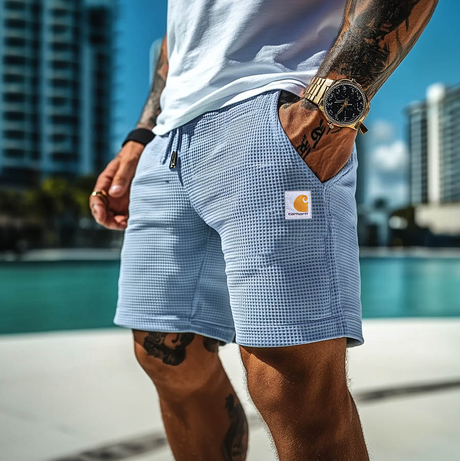 Men's Vintage Waffle Knit Surf Elastic Drawstring Walkshort Shorts-Unitsen