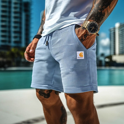Men's Vintage Waffle Knit Surf Elastic Drawstring Walkshort Shorts-Unitsen