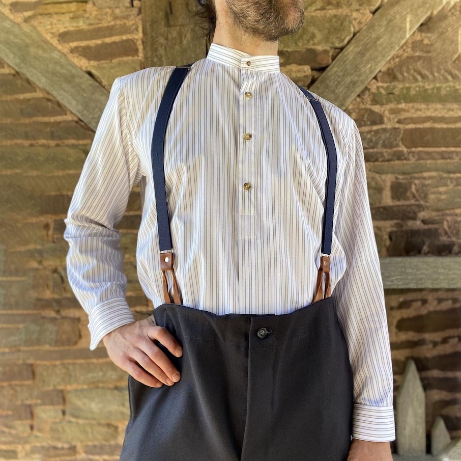 Men's Collarless Shirt Vintage Stripe Long Sleeve Daily Tops White-Unitsen