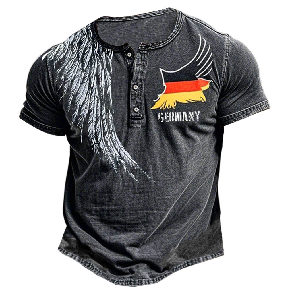 Men's Vintage German Flag Eagle Wings Print Henley Collar Short Sleeve T-Shirt-Unitsen