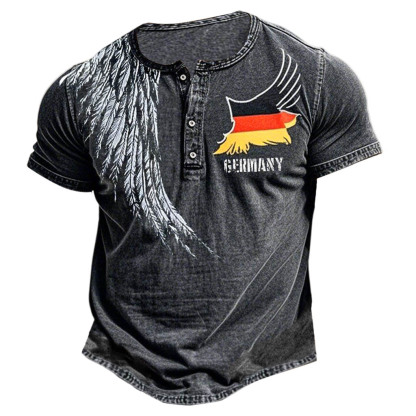 Men's Vintage German Flag Eagle Wings Print Henley Collar Short Sleeve T-Shirt-Unitsen
