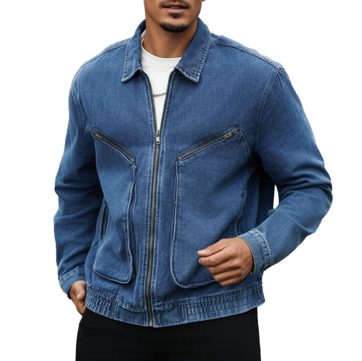 Men's Vintage Washed Large Pocket Denim Baseball Jacket-Unitsen