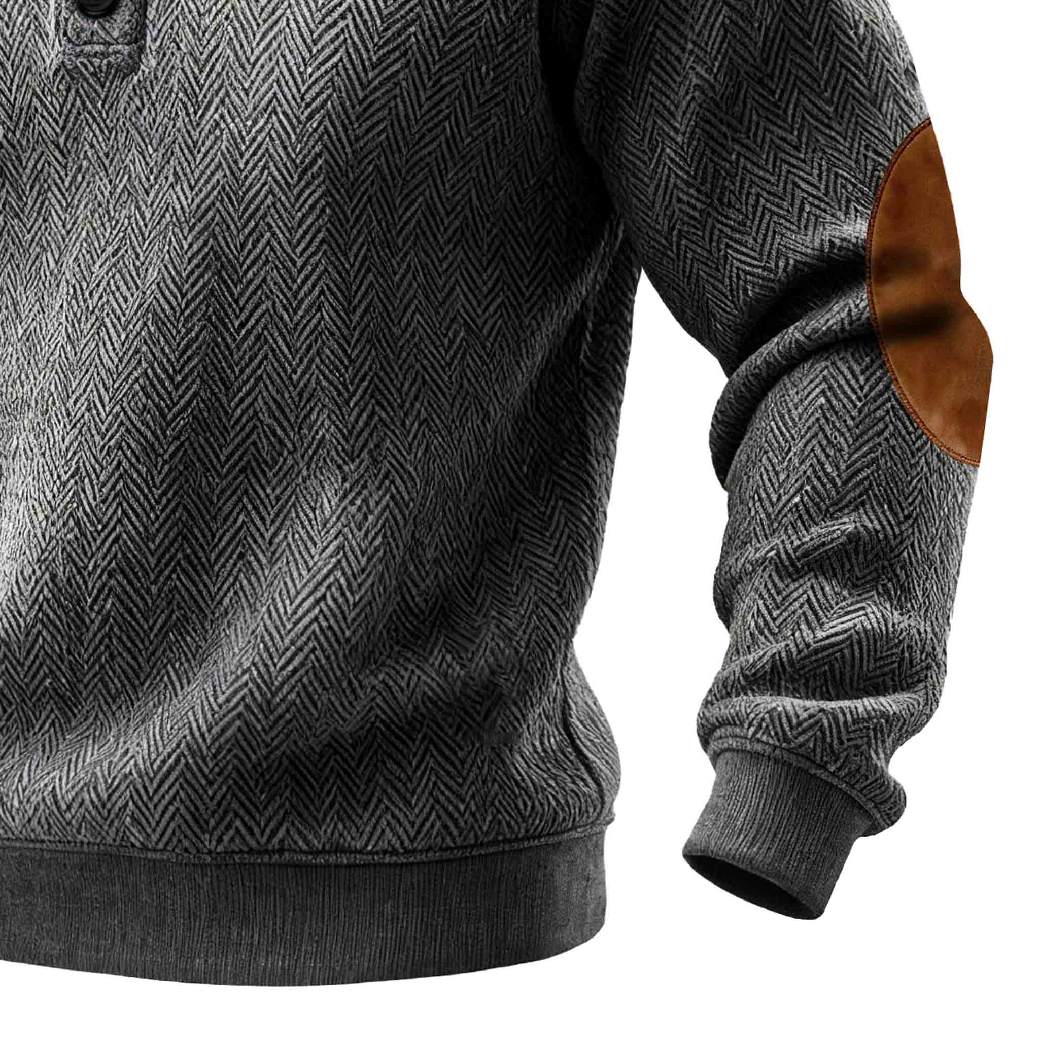 Men's Vintage Dark Gray Herringbone Suede Elbow Patches Button-Down Stand Collar Sweatshirt-Unitsen