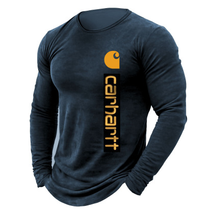 Men's Vintage Letter Print Cotton Long Sleeve Crew Neck T-Shirt-Unitsen