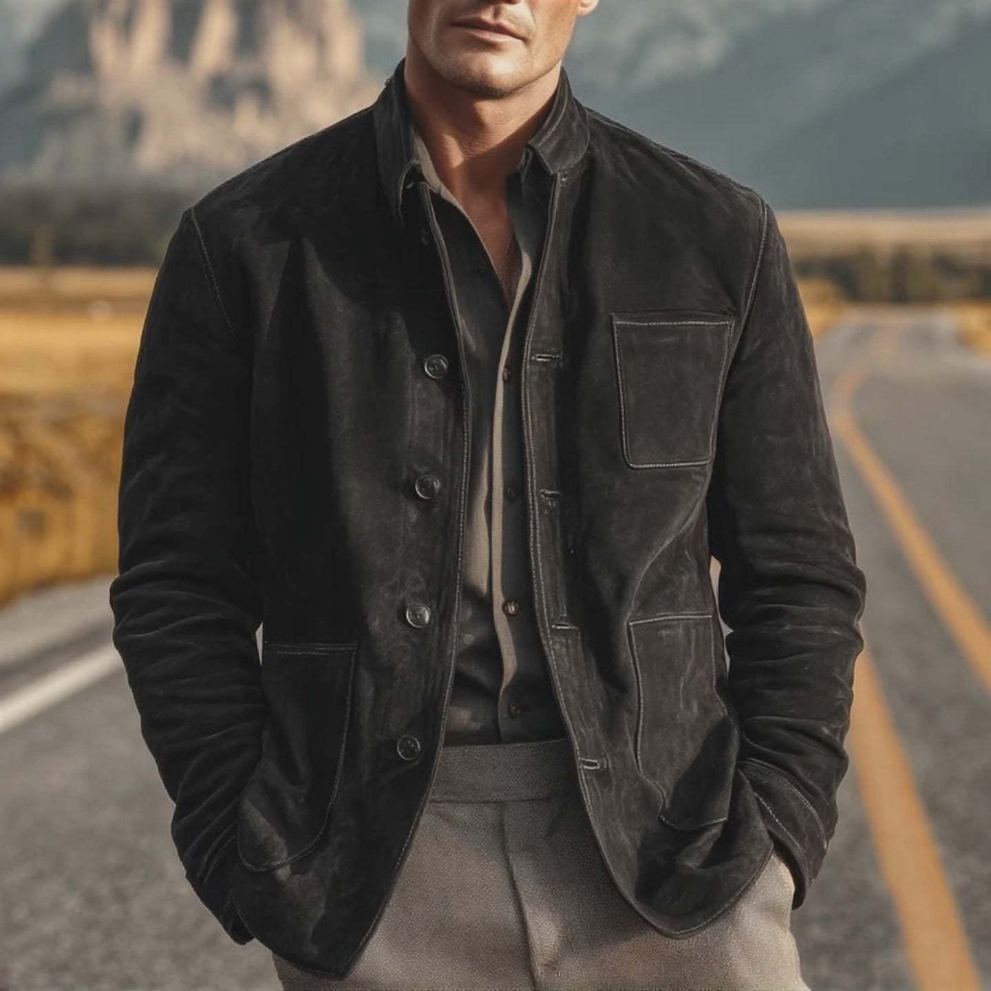 Men's Vintage Black Suede Stand Collar Multi-Pocket Faux Jacket Blazer-Unitsen