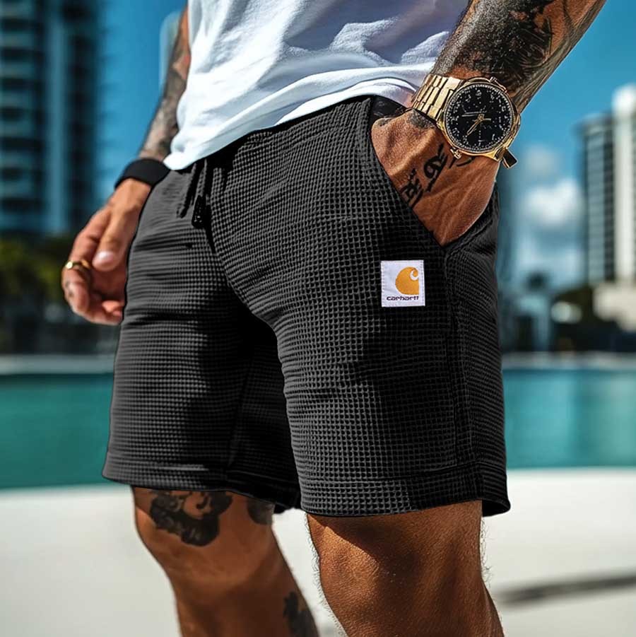 Men's Vintage Waffle Knit Surf Elastic Drawstring Walkshort Shorts-Unitsen