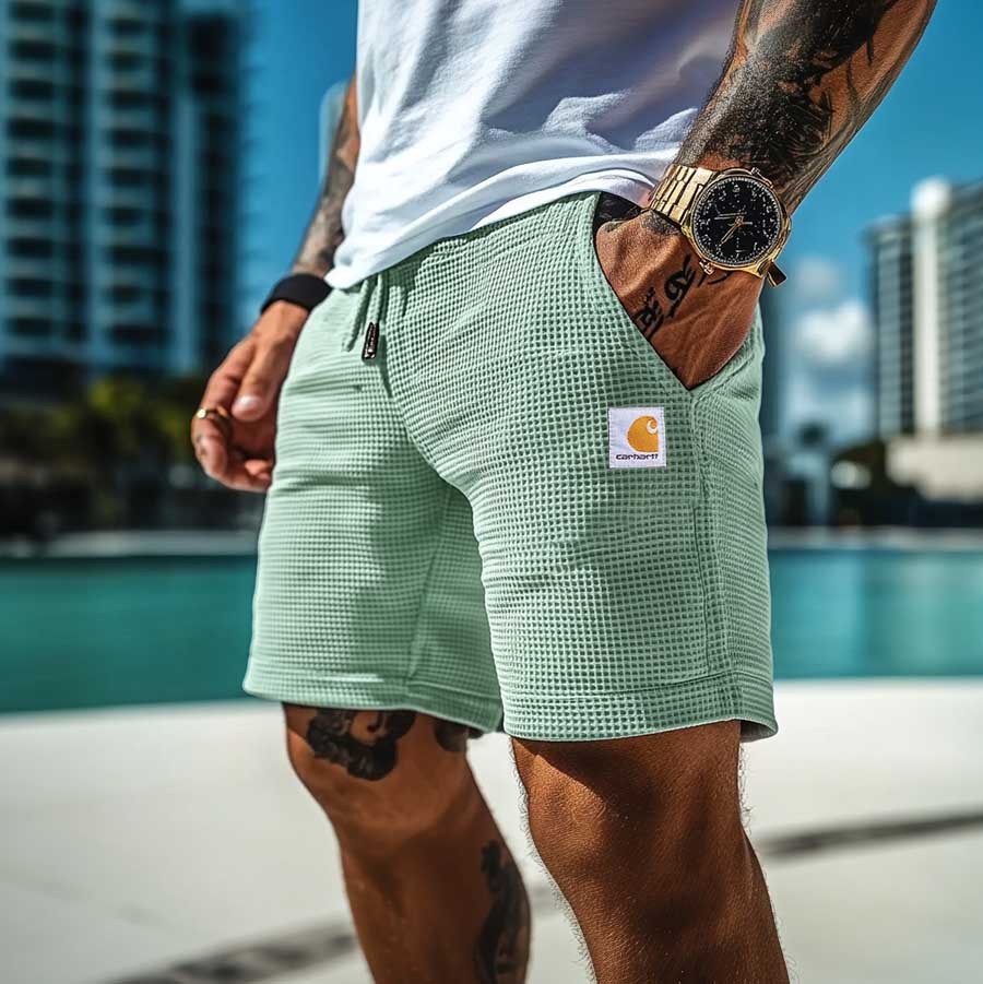 Men's Vintage Waffle Knit Surf Elastic Drawstring Walkshort Shorts-Unitsen