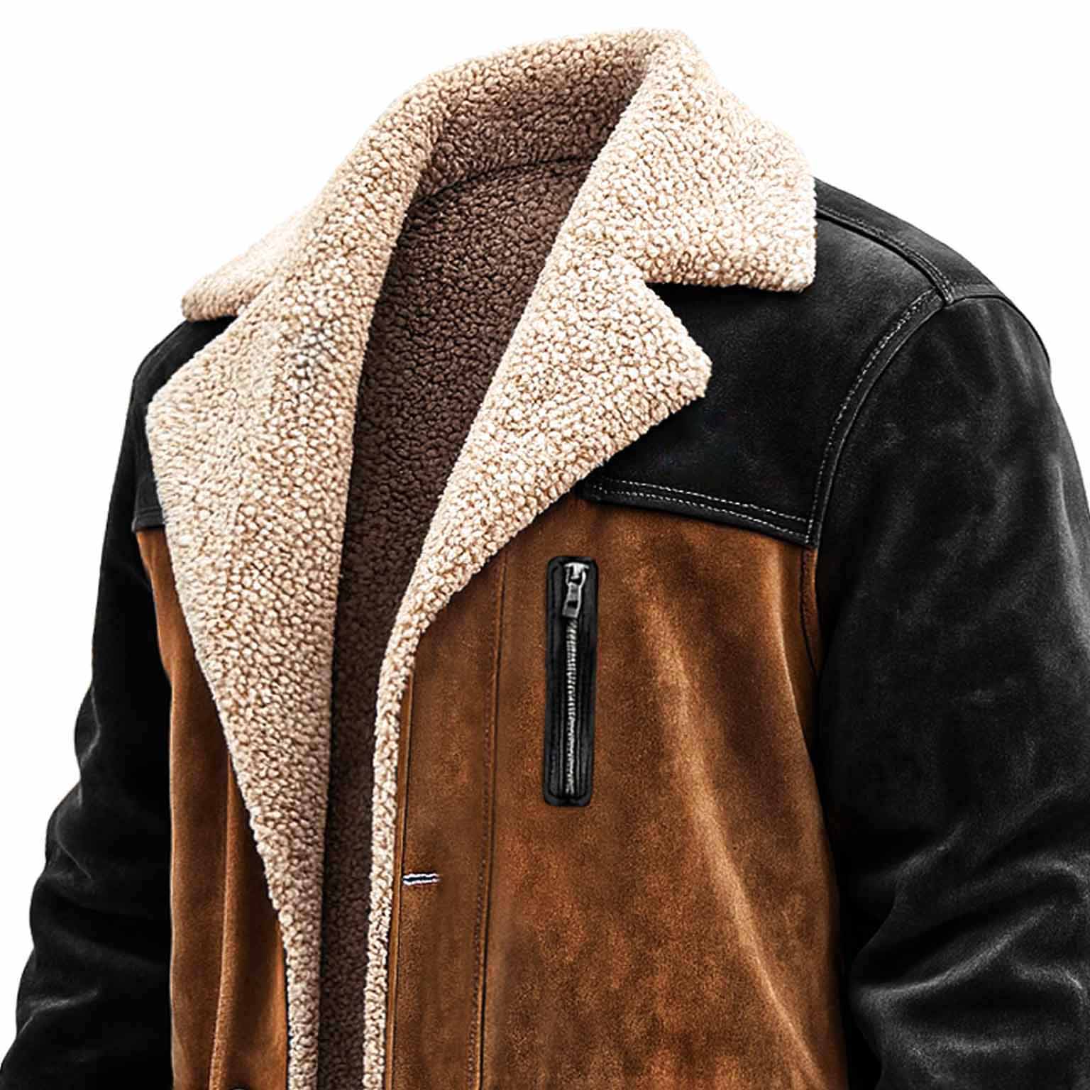 Men's Vintage Zipper Pocket Black And Brown Suede Fur Jacket Shearling Coat-Unitsen