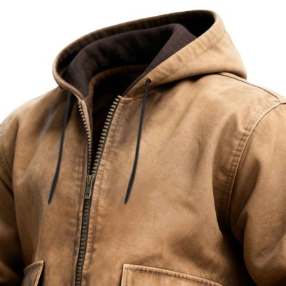 Men's Vintage Khaki Leather Elbow Patches Hooded Jacket-Unitsen