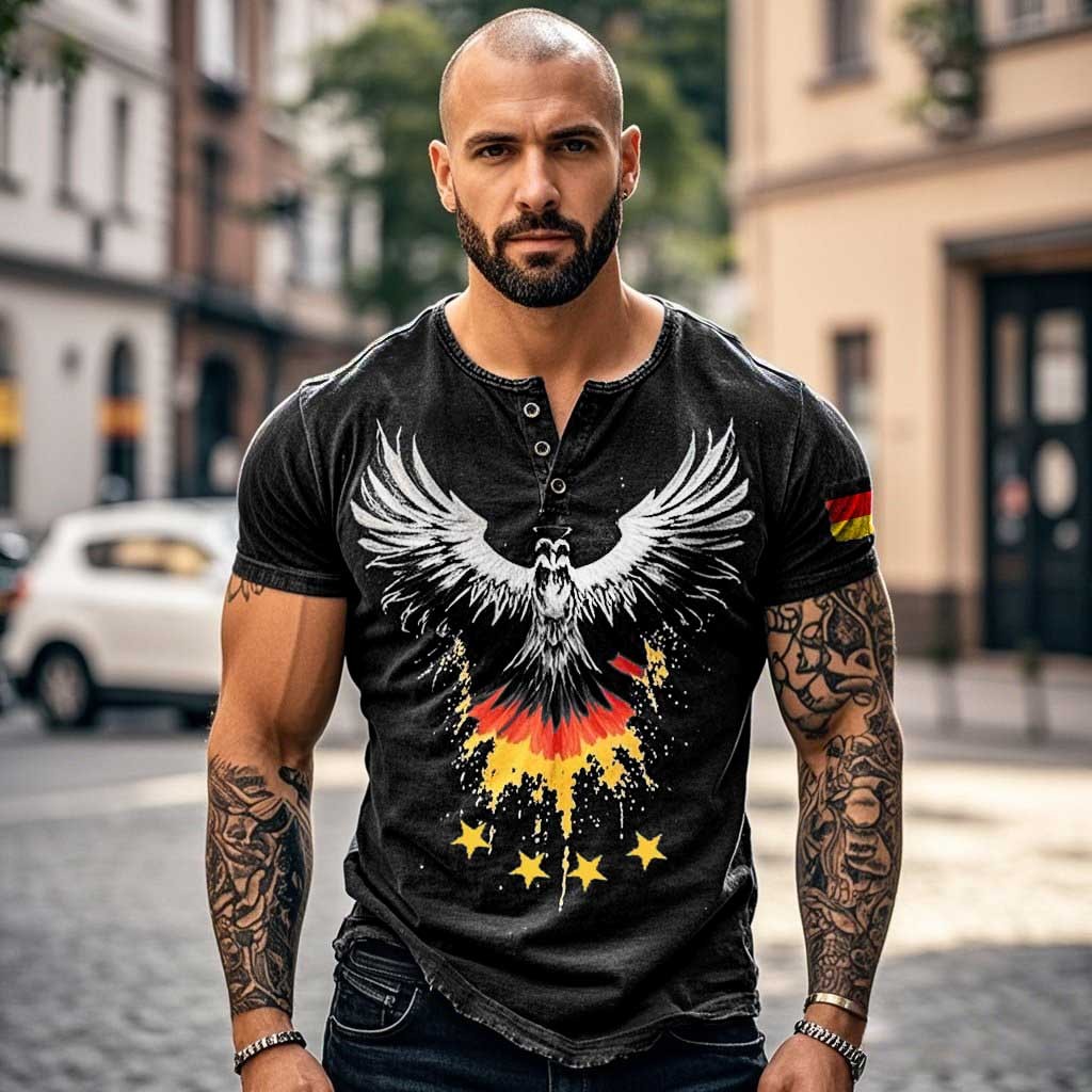Men's Vintage German Flag Eagle Wings Print Henley Collar Short Sleeve T-Shirt-Unitsen