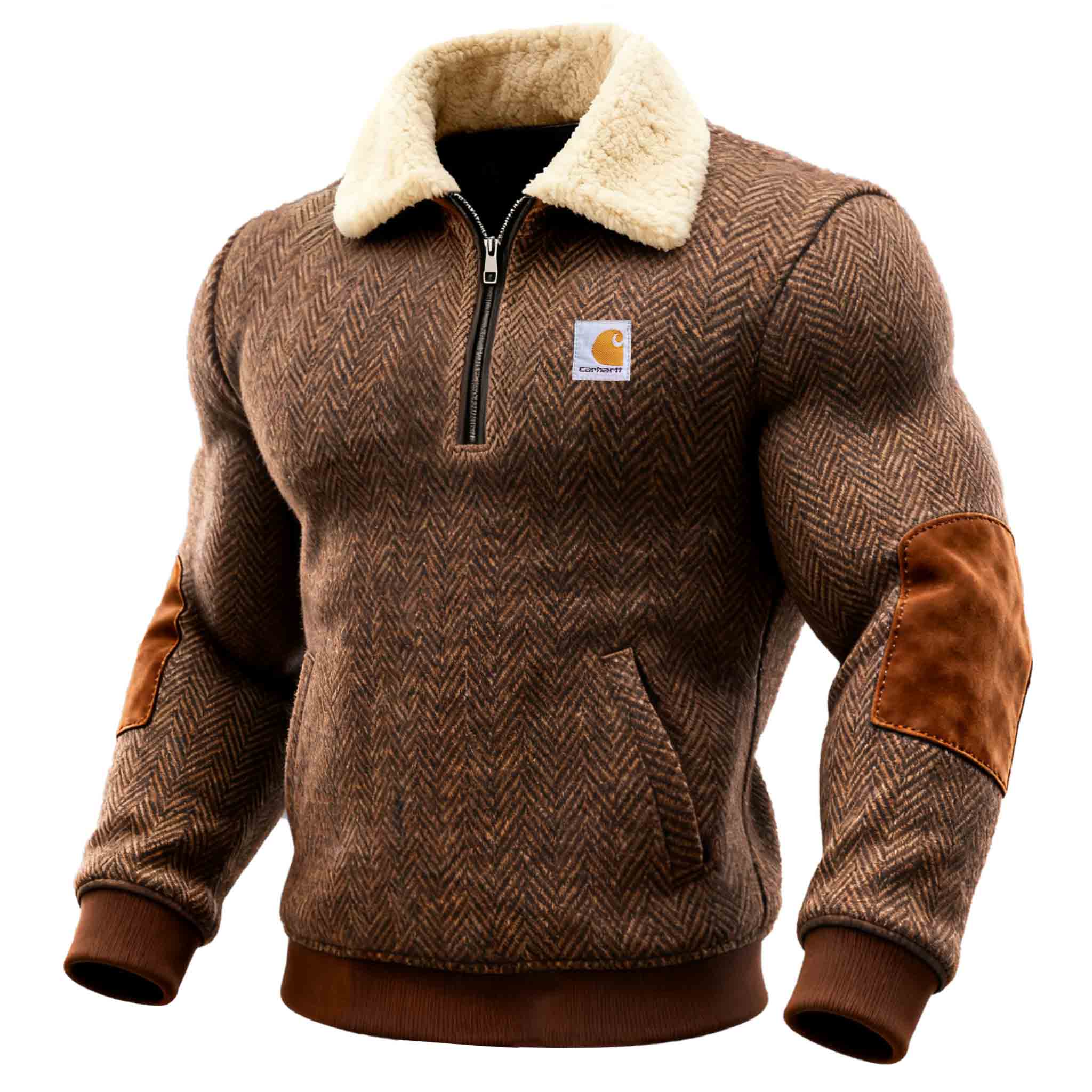 Men's Vintage Brown Herringbone Wool Suede Elbow Patches Quarter Zip Lapel Sweatshirt-Unitsen