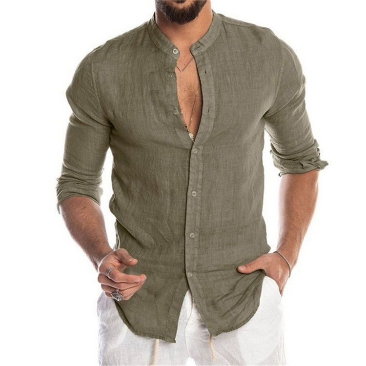 Men's Solid Color Casual Long Sleeve Cotton Linen Shirt-Unitsen