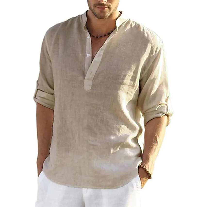 Men's Solid Color Casual Long Sleeve Cotton Linen Shirt-Unitsen