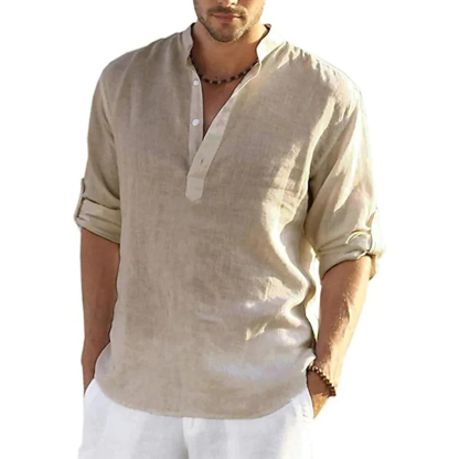 Men's Solid Color Casual Long Sleeve Cotton Linen Shirt-Unitsen