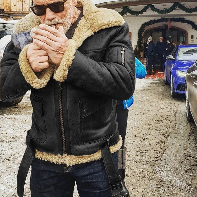 Men's Winter Fleece Warm Windproof Zipper Motorcycle Faux Leather Jacket-Unitsen