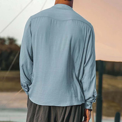 Men's Linen Shirt Henley Henry Stand Collar Casual Outdoor Shirt Long Sleeve Plain Collar Casual Hawaiian Clothing-Unitsen