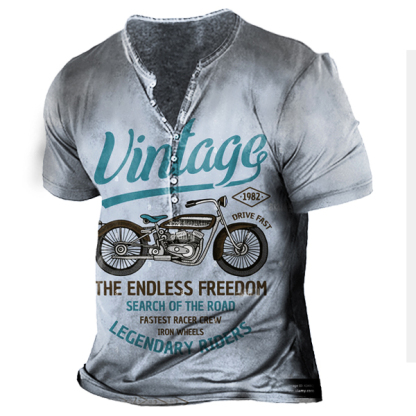 Vintage Motorcycle Racing Men's Print Henley Short Sleeve T-Shirt-Unitsen