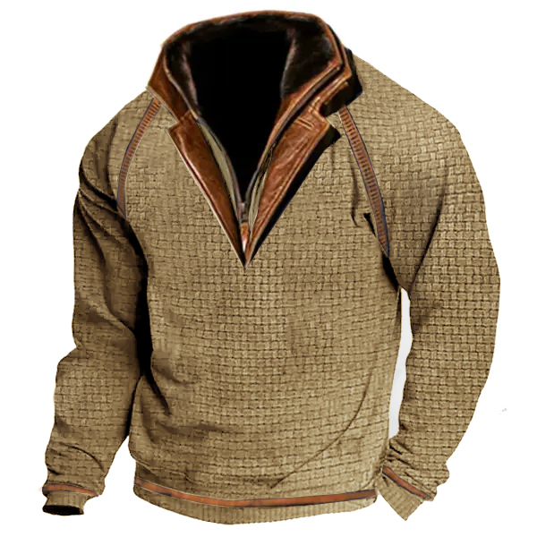Men's Outdoor Casual Waffle Zip Polo Sweatshirt Double Layer Stand Collar Long Sleeve Vintage Contrast Tactical Pullover-Unitsen