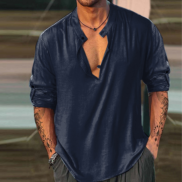 Men's Linen Shirt Henley Henry Stand Collar Casual Outdoor Shirt Long Sleeve Plain Collar Casual Hawaiian Clothing-Unitsen