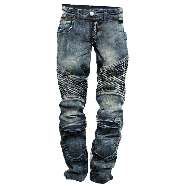Men's Vintage Distressed Washed Biker Jeans-Unitsen