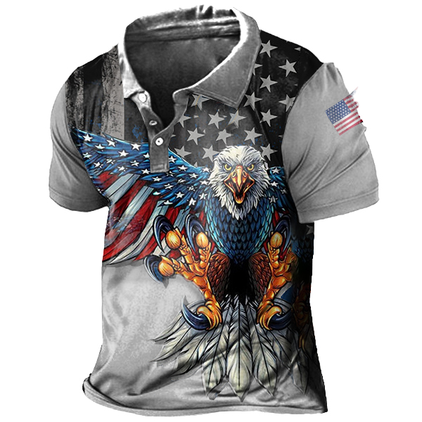 Vintage American Flag Liberty Eagle Print Men's Polo Short Sleeve T-Shirt-Unitsen