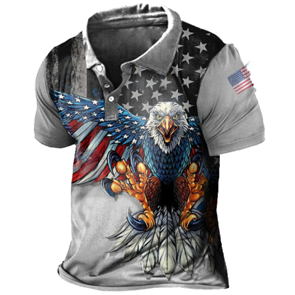 Vintage American Flag Liberty Eagle Print Men's Polo Short Sleeve T-Shirt-Unitsen
