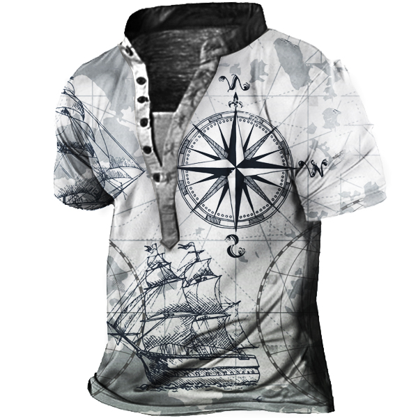 Plus Size Men's Vintage Nautical Map Print Henley Short Sleeve T-Shirt-Unitsen