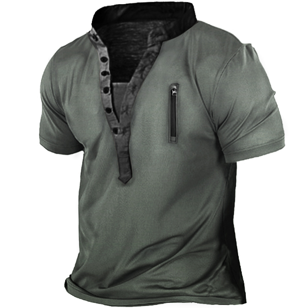 Men's Outdoor Zip Retro Print Tactical Heney Short Sleeve T-Shirt-Unitsen