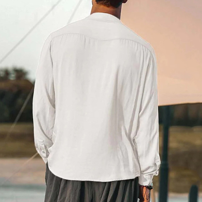 Men's Linen Shirt Henley Henry Stand Collar Casual Outdoor Shirt Long Sleeve Plain Collar Casual Hawaiian Clothing-Unitsen