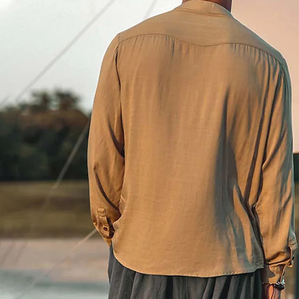 Men's Linen Shirt Henley Henry Stand Collar Casual Outdoor Shirt Long Sleeve Plain Collar Casual Hawaiian Clothing-Unitsen