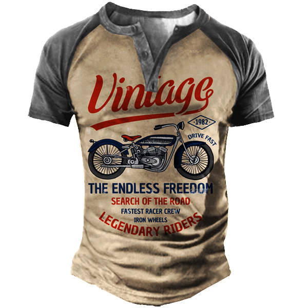 Plus Size Vintage Motorcycle Racing Men's Print Henley Short Sleeve T-Shirt-Unitsen