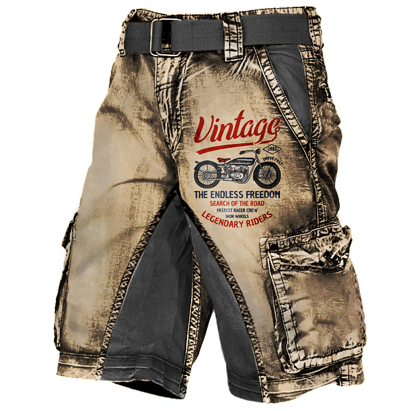 Men's Plus Size Vintage Motorcycle Racing Distressed Wash Print Multi-Pocket Tactical Shorts-Unitsen