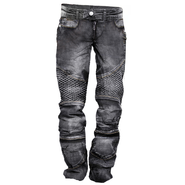 Men's Vintage Distressed Washed Biker Jeans-Unitsen