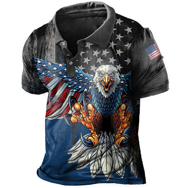 Vintage American Flag Liberty Eagle Print Men's Polo Short Sleeve T-Shirt-Unitsen