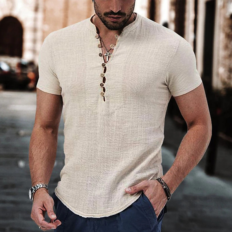 Men's Linen Shirt Boutton Henley Casual Outdoor Shirt Short Sleeve Plain Collar Casual Hawaiian Clothing-Unitsen