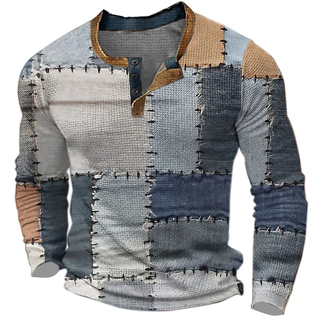 Men's Plaid Patchwork Print Henley Shirt Vintage T Shirt Sports Outdoor Long Sleeve Clothing-Unitsen