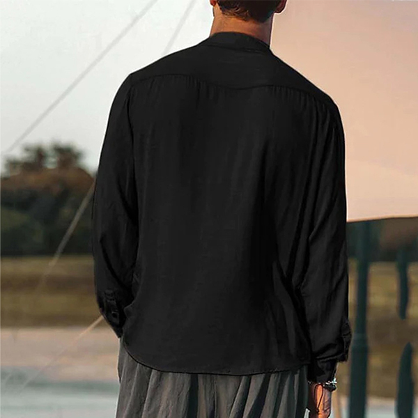 Men's Linen Shirt Henley Henry Stand Collar Casual Outdoor Shirt Long Sleeve Plain Collar Casual Hawaiian Clothing-Unitsen