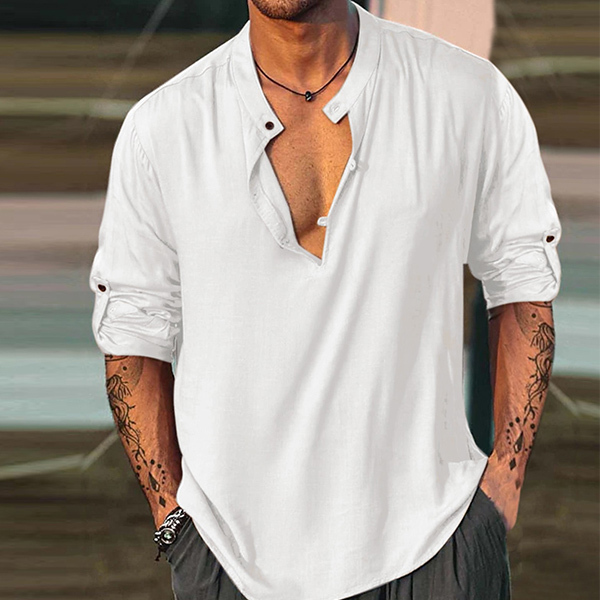 Men's Linen Shirt Henley Henry Stand Collar Casual Outdoor Shirt Long Sleeve Plain Collar Casual Hawaiian Clothing-Unitsen