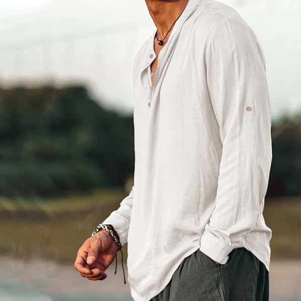 Men's Linen Shirt Henley Henry Stand Collar Casual Outdoor Shirt Long Sleeve Plain Collar Casual Hawaiian Clothing-Unitsen