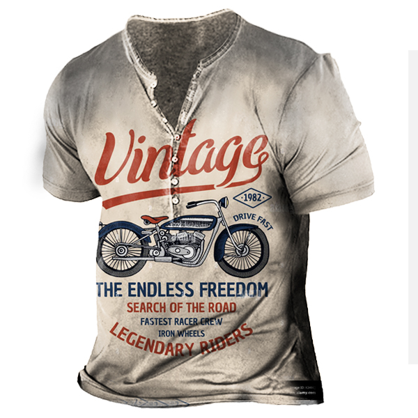 Vintage Motorcycle Racing Men's Print Henley Short Sleeve T-Shirt-Unitsen
