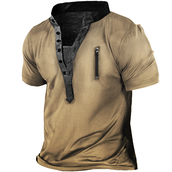 Men's Outdoor Zip Retro Print Tactical Heney Short Sleeve T-Shirt-Unitsen