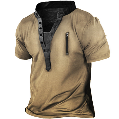 Men's Outdoor Zip Retro Print Tactical Heney Short Sleeve T-Shirt-Unitsen