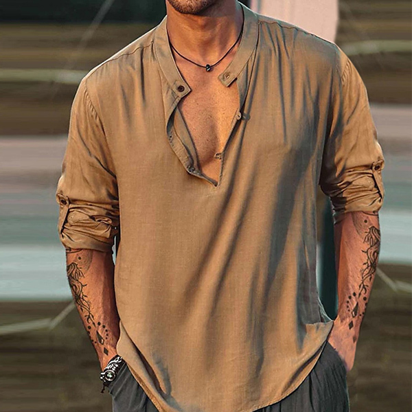 Men's Linen Shirt Henley Henry Stand Collar Casual Outdoor Shirt Long Sleeve Plain Collar Casual Hawaiian Clothing-Unitsen
