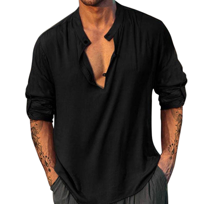 Men's Linen Shirt Henley Henry Stand Collar Casual Outdoor Shirt Long Sleeve Plain Collar Casual Hawaiian Clothing-Unitsen