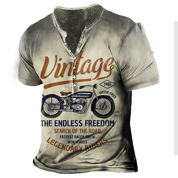 Vintage Motorcycle Racing Men's Print Henley Short Sleeve T-Shirt-Unitsen